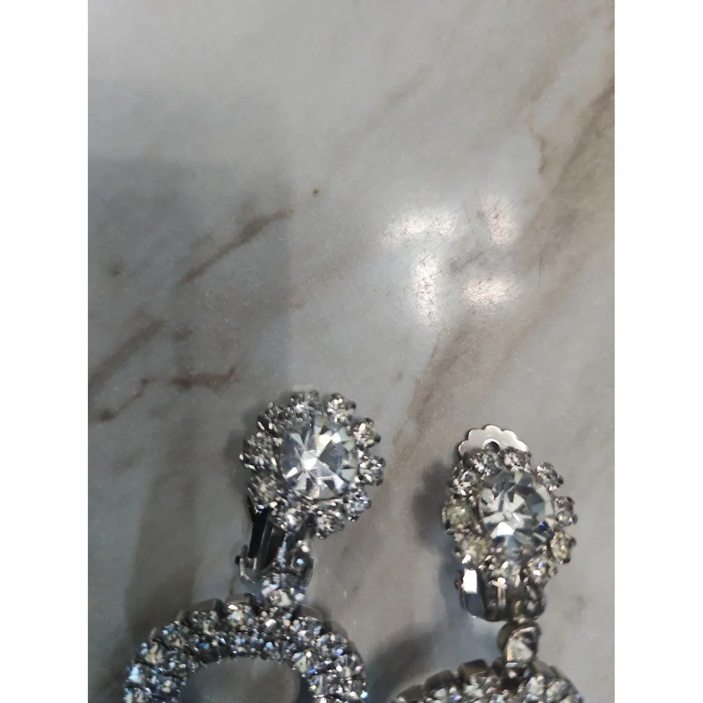 Judy Lee Crystal Clip On Earrings Baguette Rhinestone Silver Tone Dangle Signed